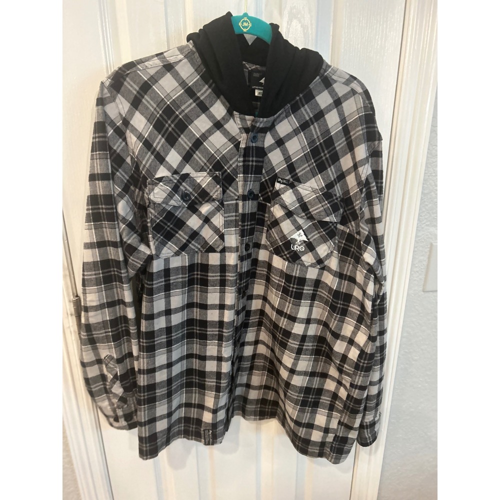 LRG Hooded Flannel Shirt Black White Plaid Long Sleeve Button Down Streetwear L